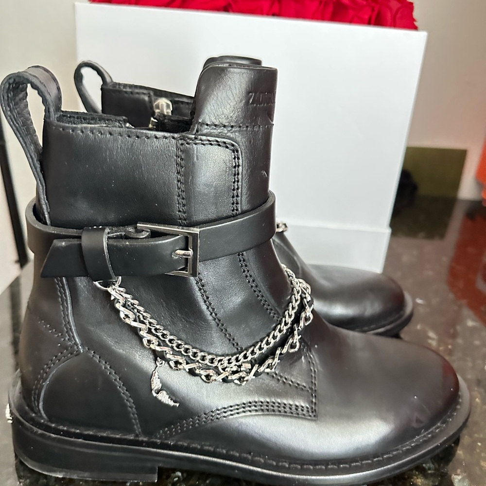Zadig & Voltaire Black Leather Combat Boots with Chain - Picture 3 of 7